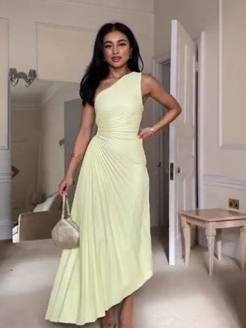 MASHA | Elegant A-Symmetrical Pleated Maxi Dress