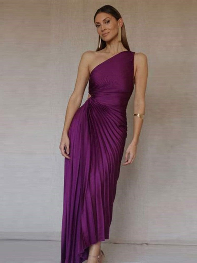 MASHA | Elegant A-Symmetrical Pleated Maxi Dress