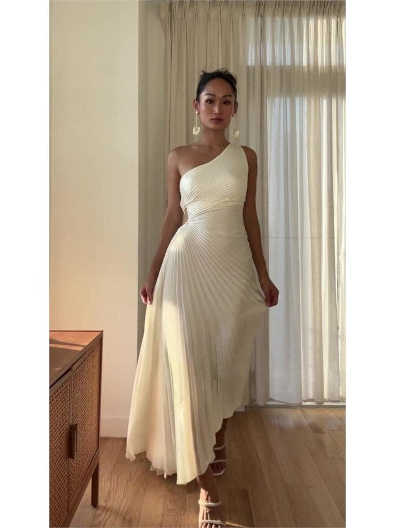 MASHA | Elegant A-Symmetrical Pleated Maxi Dress